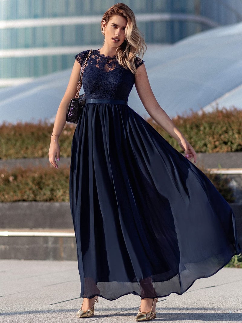 Miusol Women's Formal Floral Lace Evening Party Maxi Dress Navy Blue - Image 3
